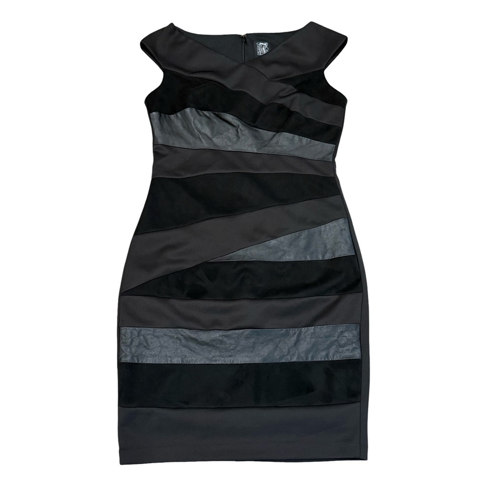 JAX Spliced Faux Leather Faux Suede Black Sheath Cocktail Mini Dress - Size 8